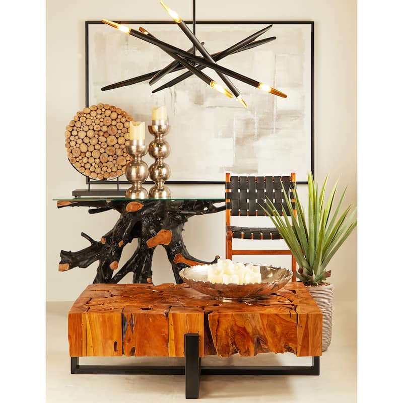 Teak Wood Handmade Live Edge Tree Stump Console Table with Clear Glass Top - Black - Roche River Decor - 16"W x 49"L x 32"H