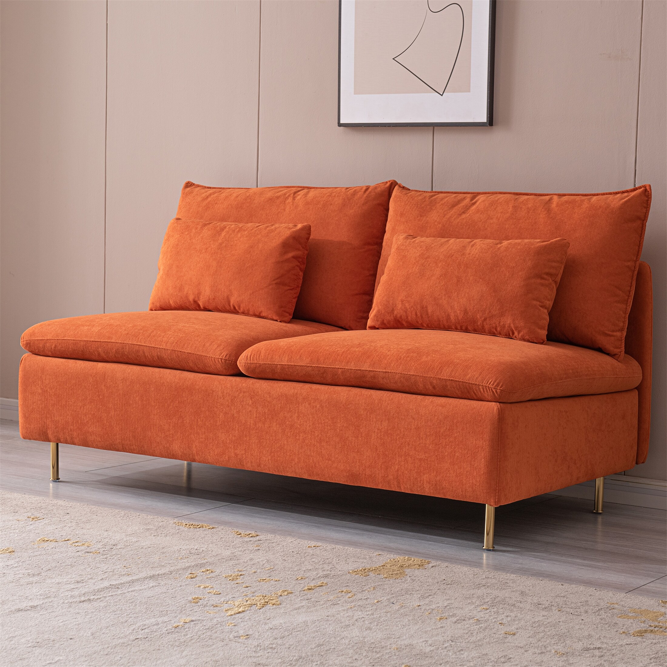 Orange Modern Armless Loveseat Couch Armless Settee Bench Cotton
