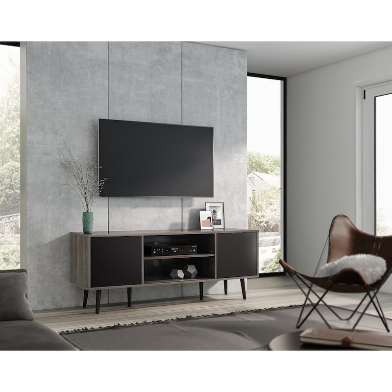 WAMPAT Black/ Brown Mid-century Modern TV Stand