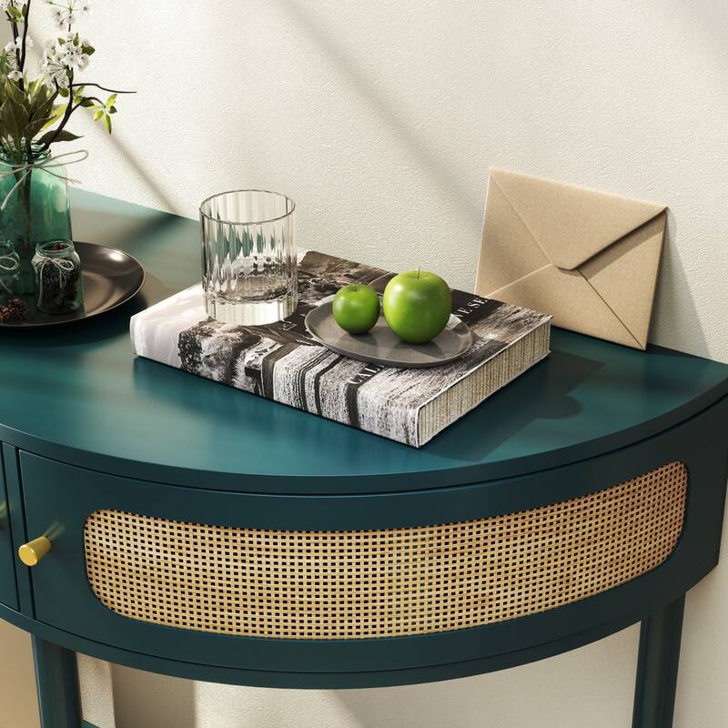 Half Moon Rattan Console Table - Curved Entryway Table with 2 Drawers and Shelf