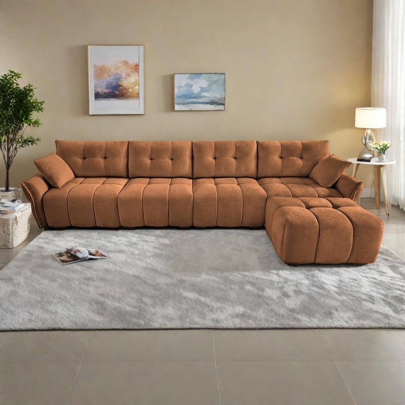 141.7" Chenille Modular 4-Seater Sectional Sofa with Ottoman, Solid Wood Frame and High-Resilience Cushions - Orange