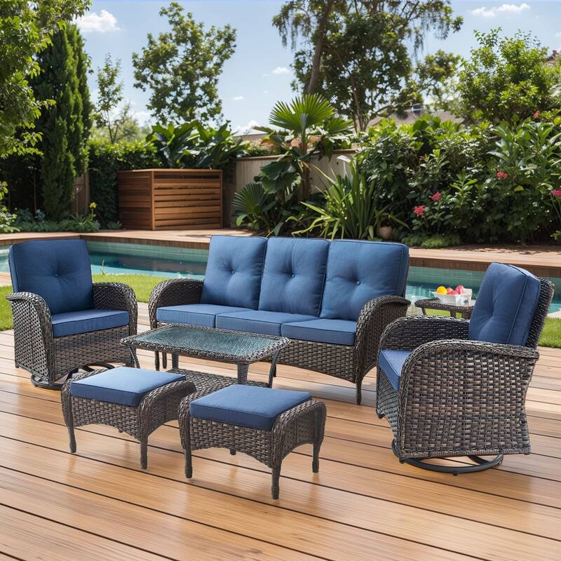 Gymojoy 7-Piece Outdoor Wicker Patio Furniture with 3 Seat Sofa & Swivel Chair, Coversation Set with Water Resistant Cushions - Brown Wicker / Blue Cusion - 7-Piece