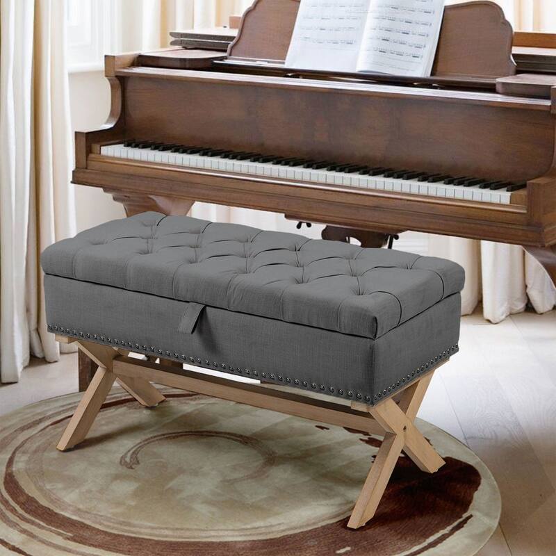 Antique Dark Grey Linen Rectangle Button-Tufted Ottoman