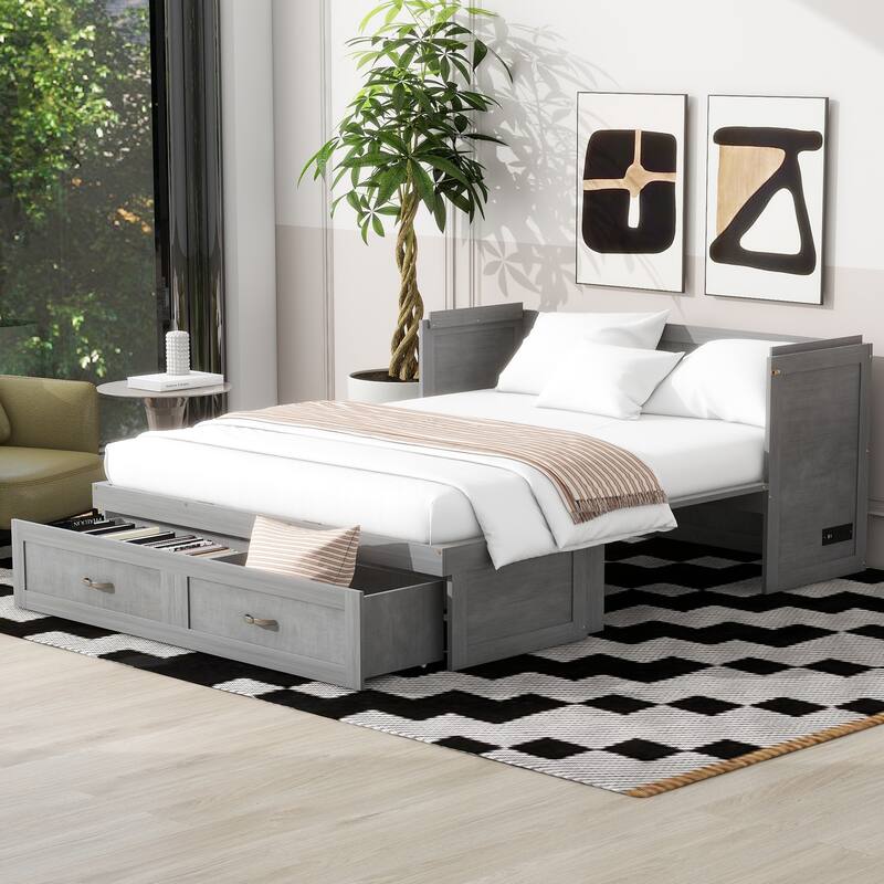 Space-Saving Design Murphy Bed with USB Ports, Large Drawers and Metal Handles