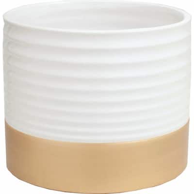Ribbed White With Gold Base Planter