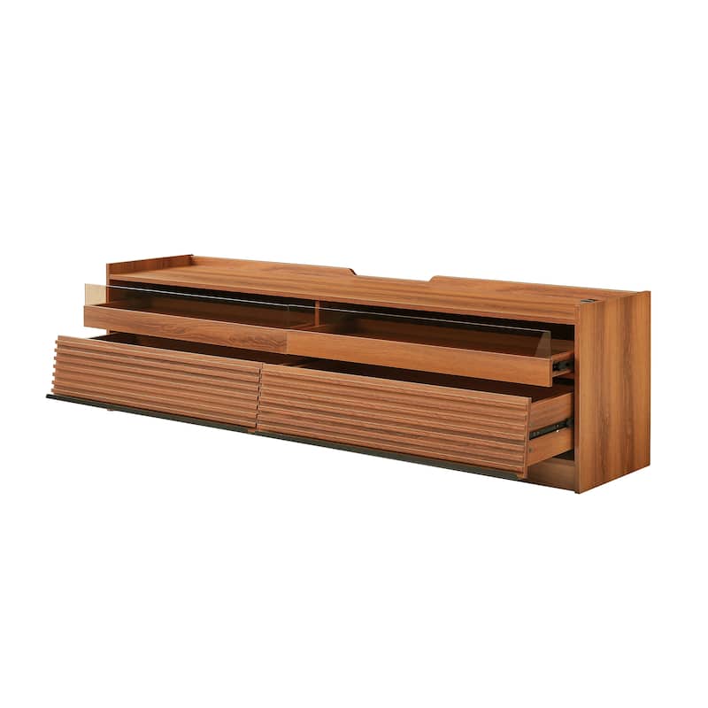 68.9" Modern TV Stand with 4 Glass-Front Drawers - Built-in Charging Station, Ambient LED Lighting