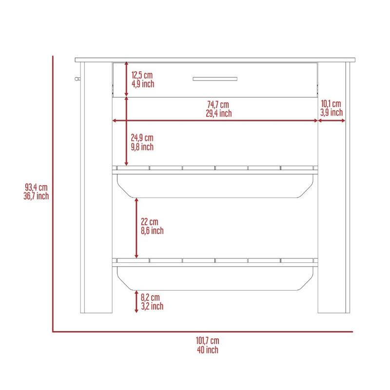 Cala Kitchen Island 40, Two Shelves, One Drawer, Four Legs