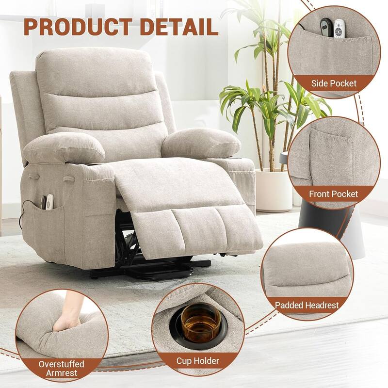 Oversized Electric Power Lift Recliner Chair, Recliners for Elderly With Heat and Massage - White