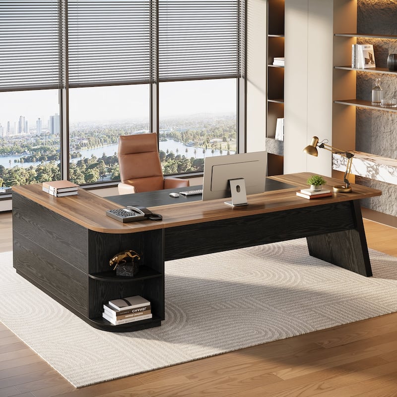 78.7 Inch L-Shaped Executive Desk, Large Office Desk with Cabinet - Natural Wood+ Black