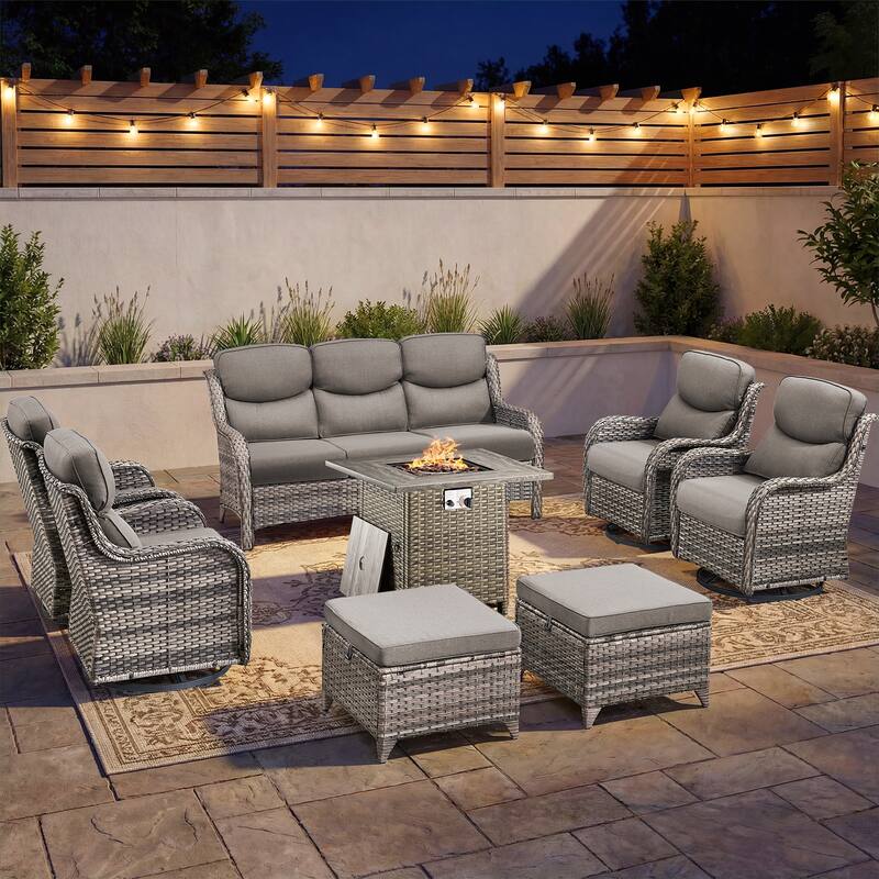 Pocassy Outdoor Propane Fire Pit Table with Sofa Swivel Chair Funiture Set. - Gray Wicker Gray Cushion - 8-Piece Sofa Swivel Chair Ottoman w/ Fie Table