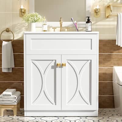 30'' Bathroom Vanity with Ceramic Sink Combo, Modern Freestanding Storage Cabinet with Gold Handles, Soft Closing Doors