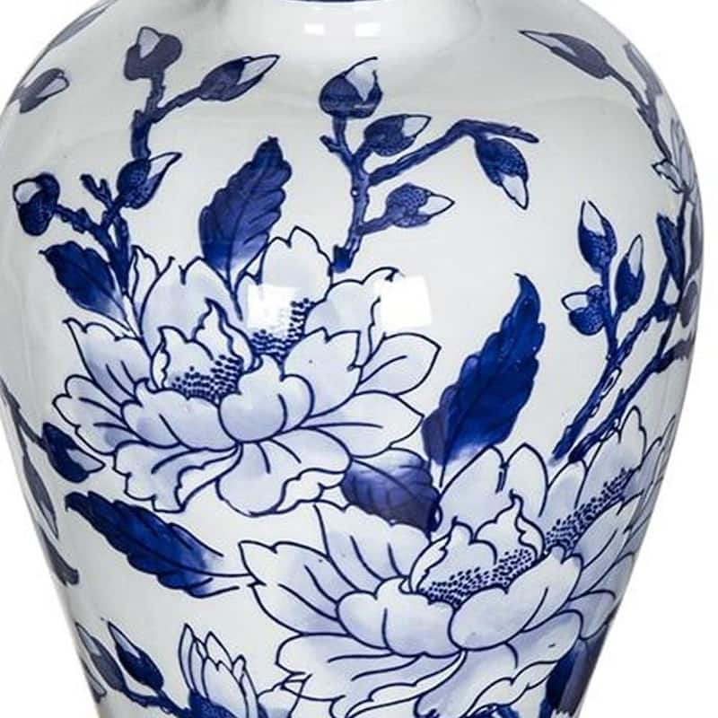 13" Blue And White Floral Chinoiserie Round Porcelain Table Vase - 8.00