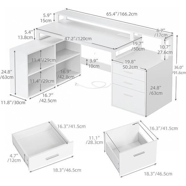 65 Inch L Shaped Desk with Drawers, Power Outlets, LED Lights, Storage ...