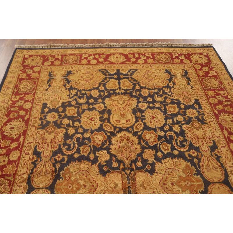 Navy Blue Floral Agra Oriental Area Rug Hand-Knotted Wool Carpet - 5'11" x 8'11"