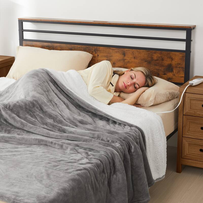 Electric Flannel King Queen Throw Heated Blanket -  Jumbo (100x90 inches) - Grey