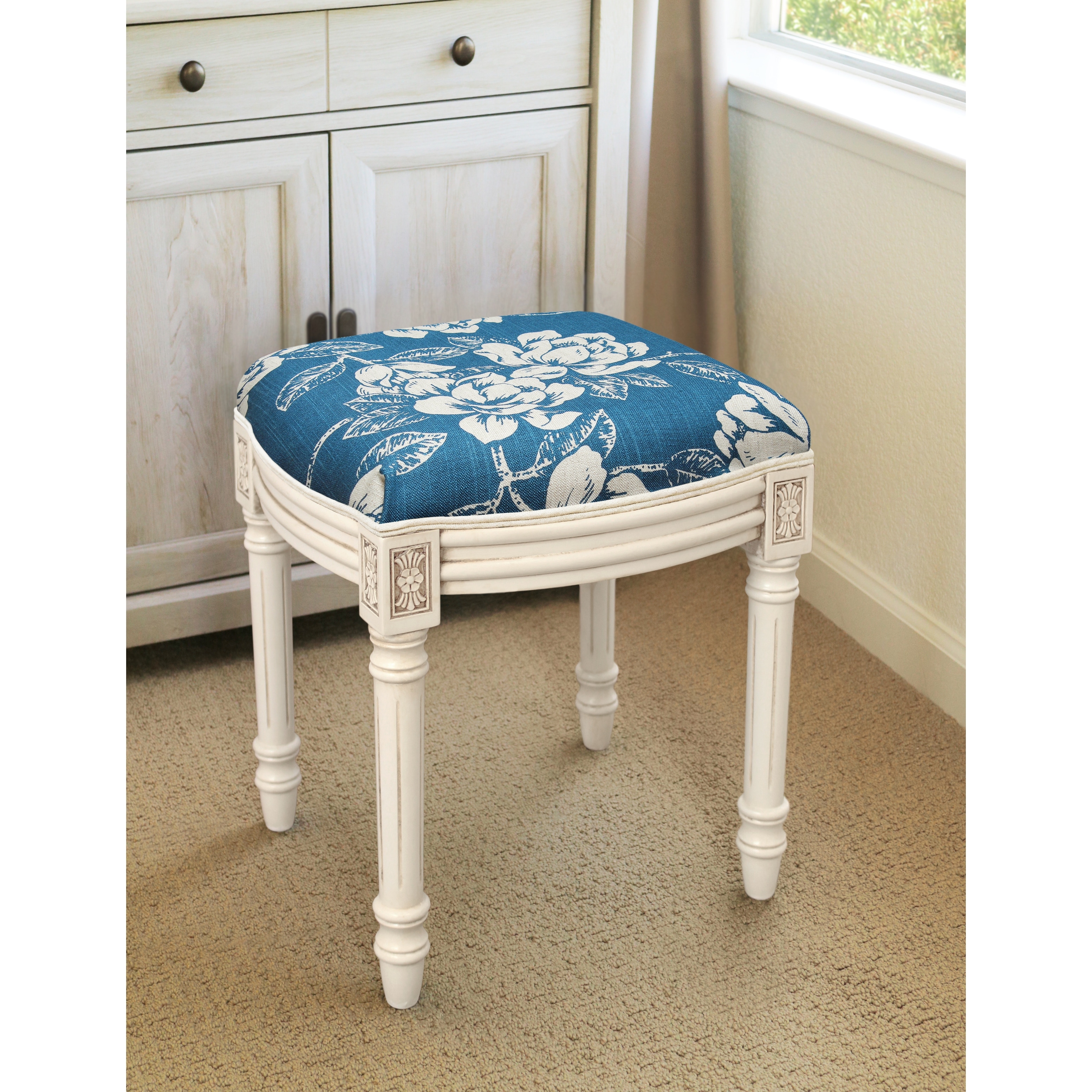 Navy Blue Magnolia Vanity Stool with antique white finish