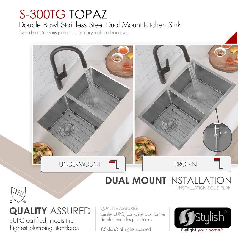 Stylish Dual Mount 28" Double-Bowl Stainless Steel Kitchen Sink S-300TG - 28" x 18" x 10"