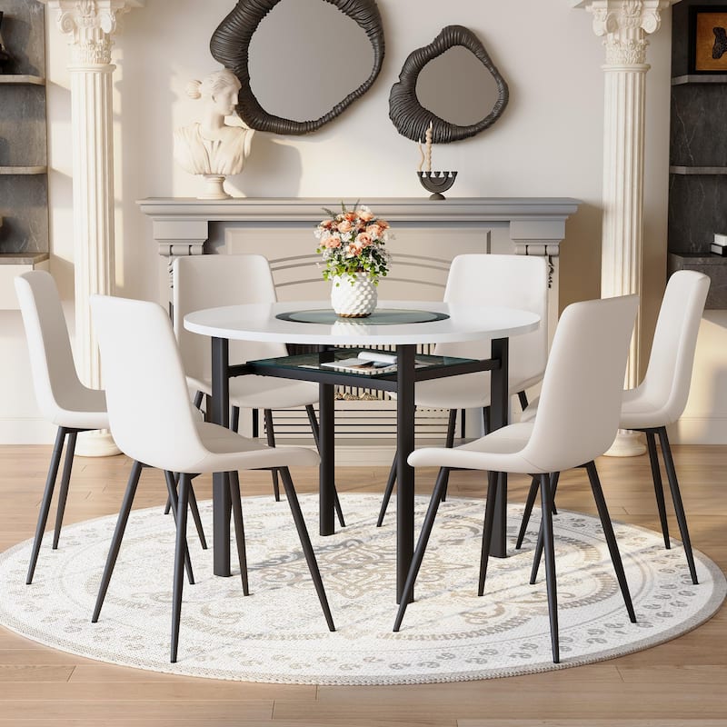 7 Piece Dining Table Set with 42 Inch Round MDF Top Glass Insert 4 PU Chairs