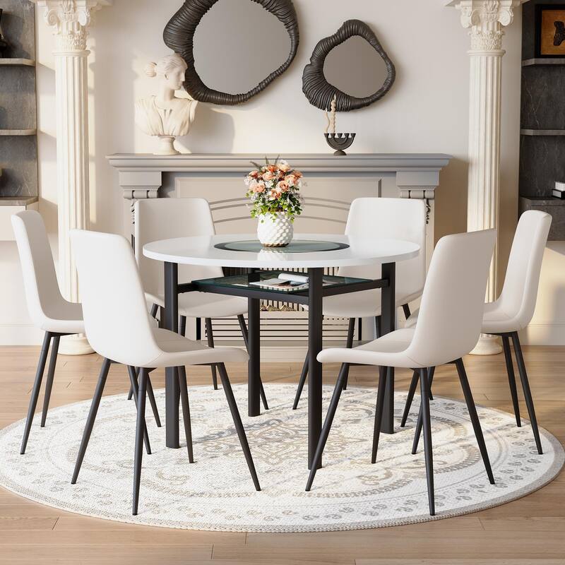 Minimalist Dining Table Set for 4, Round Dining Table and Faux Leather Chairs Set, 5-Piece Modern Dining Set with Lower Shelf
