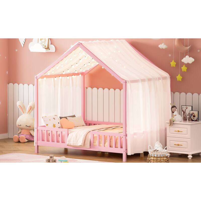 Montessori Floor Bed with Canopy, Full Bed Frame for Kids, House Shape Toddler Bed Frame with High Railings,Full