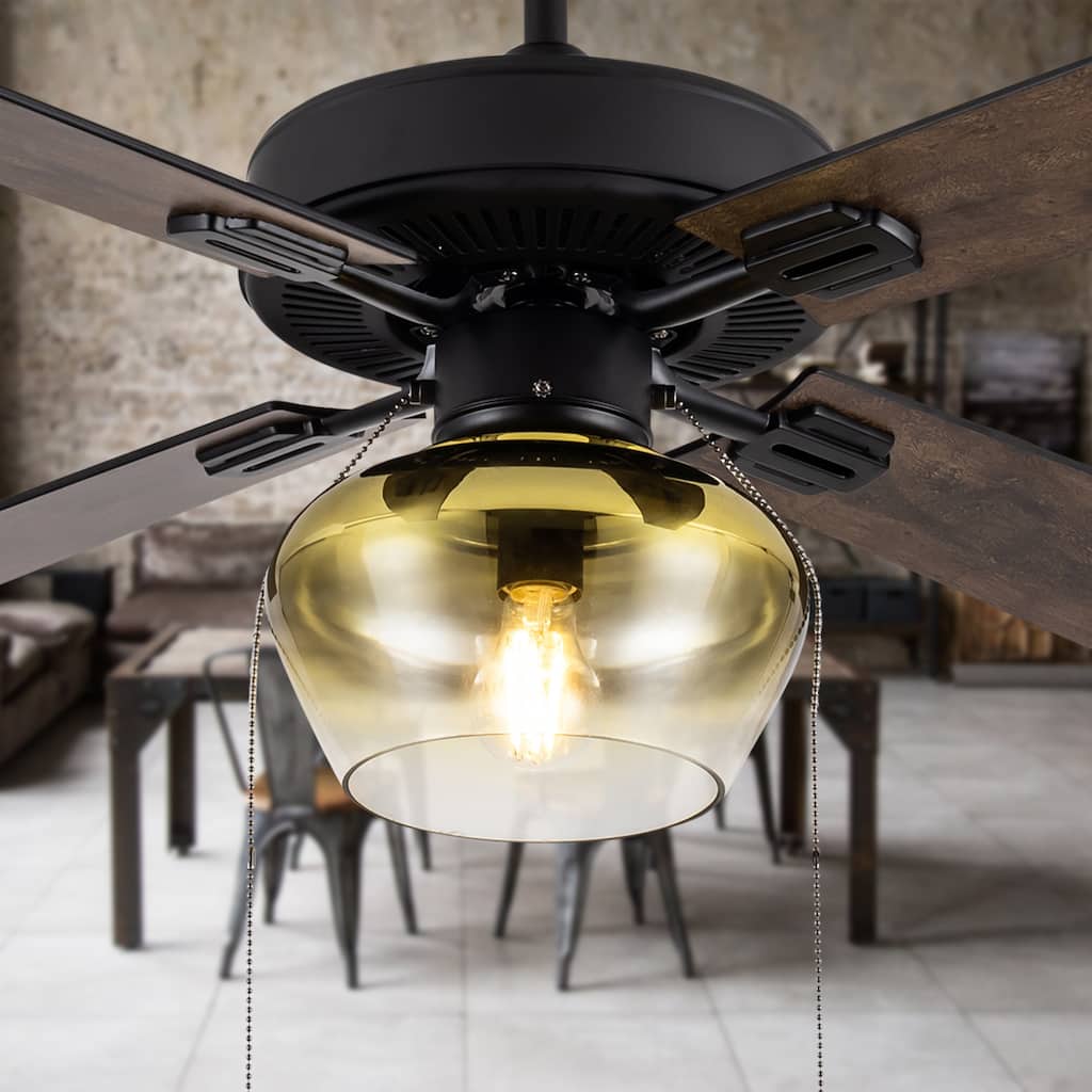 Suzane River of Goods Black Satin with Obre Glass Shade 52-Inch Ceiling Fan with Light - 52" x 52" x 14.25/19.25"