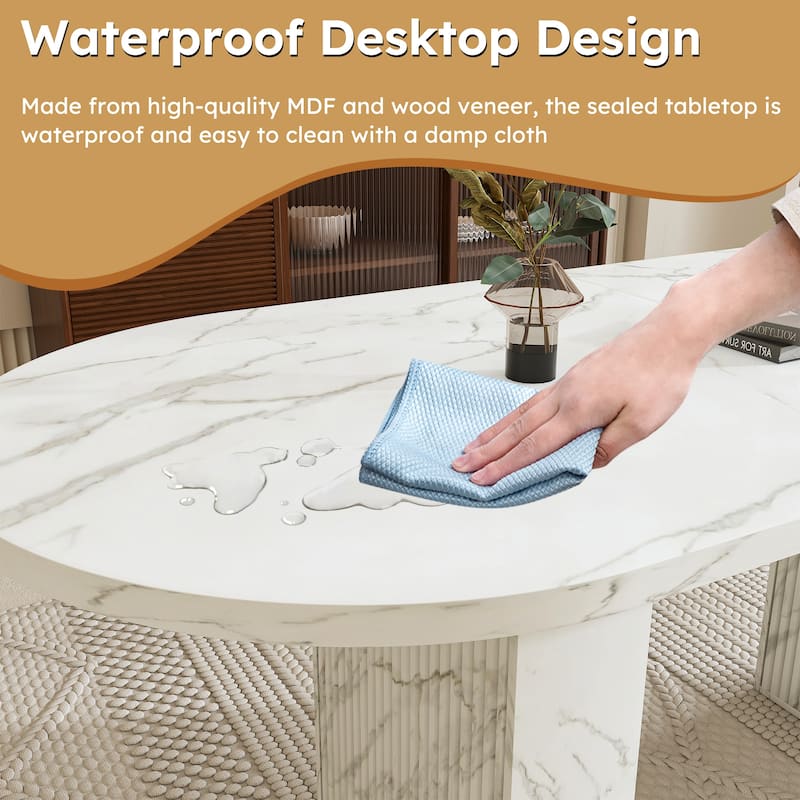 62.9 Inch Oval Dining Table for 6, Marble Top Kitchen Table with Wood Strip Base, Modern Farmhouse Dining Room Table