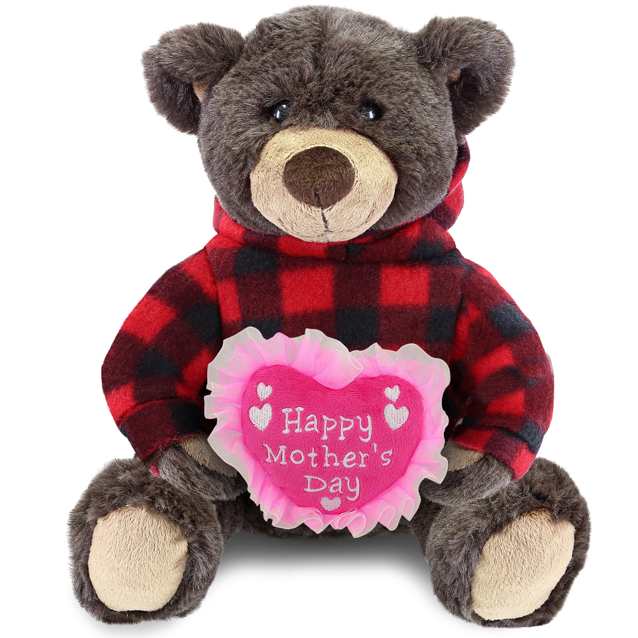 DolliBu Happy Mother's Day Soft Plush Brown Bear With Red Plaid Hoodie - 10 inches
