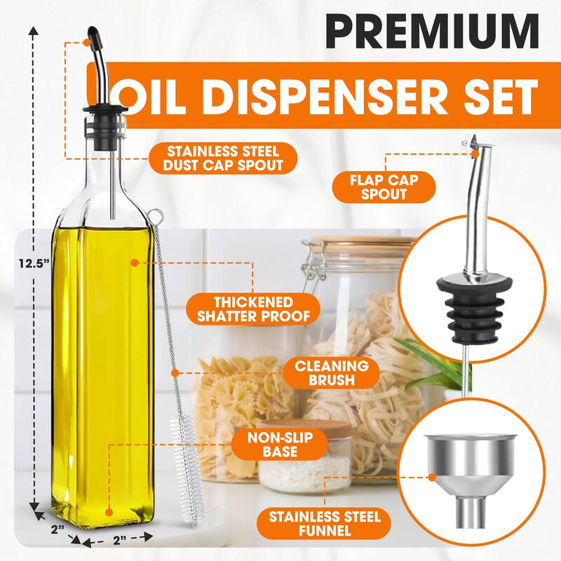 Cheer Collection 2 Pack Glass Olive Oil Dispenser Set with Funnel, Labels, Spouts, and Brush - Pack of 2