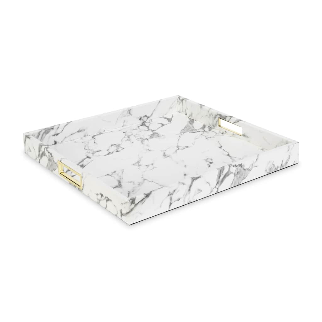White Marble Tray With Stainless Steel Handles - 18" x 18"