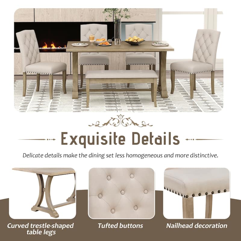 6-Piece Farmhouse Dining Table Set, Rectangular Trestle Table and 4 Upholstered Chairs & Bench