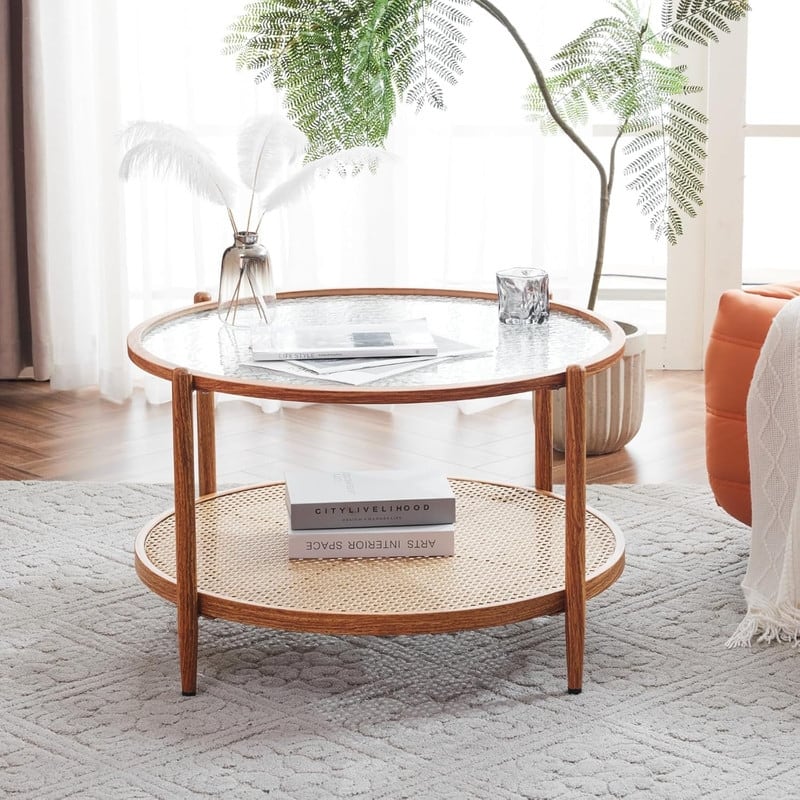 VINGLI Double-Layered Round Water Ripple Glass with Heat Transfer Wood Grain Iron Frame Coffee Table