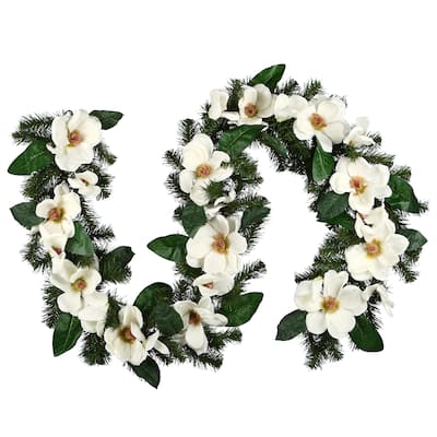 National Tree Company 6 ft. North Valley Spruce Magnolia Flower Garland - 6 ft