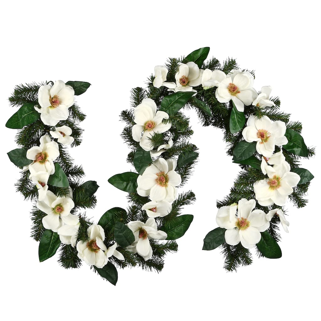 National Tree Company 6 ft. North Valley Spruce Magnolia Flower Garland - 6 ft