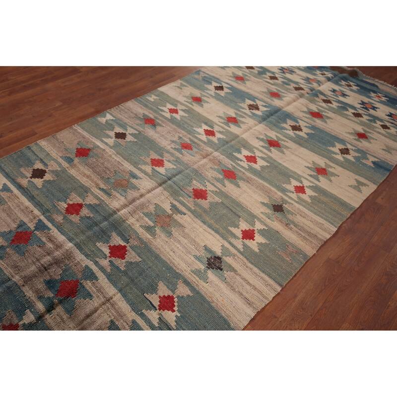 Striped Geometric Kilim Persian Area Rug Hand-Woven Wool Carpet - 4'6"x 9'2"