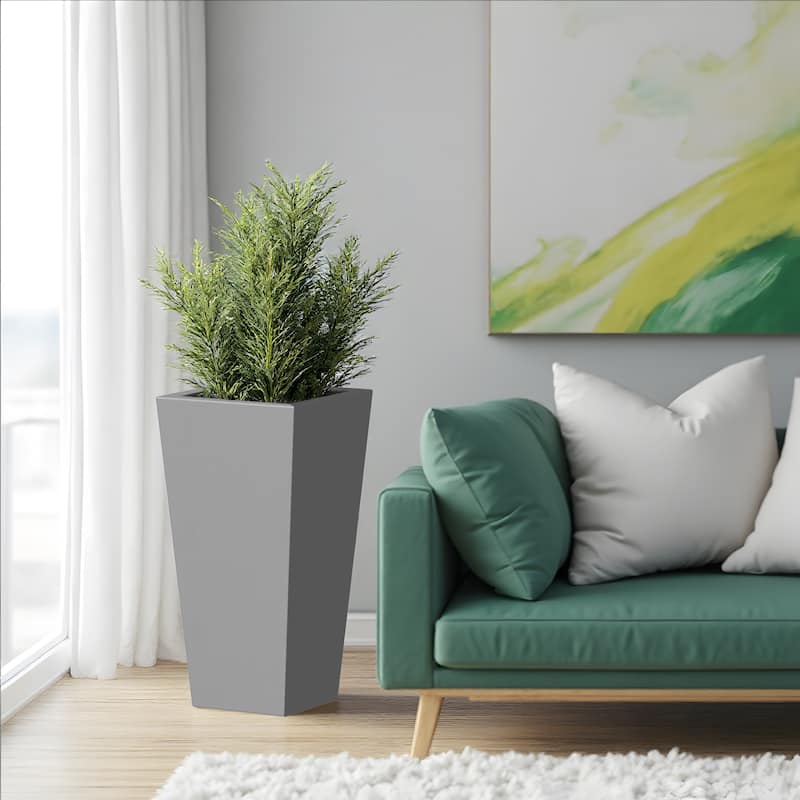 30" H Tall Metal Tapered Planter - Large Outdoor & Indoor Garden Plant Pot with Drainage Hole and Rubber Plug - Grey