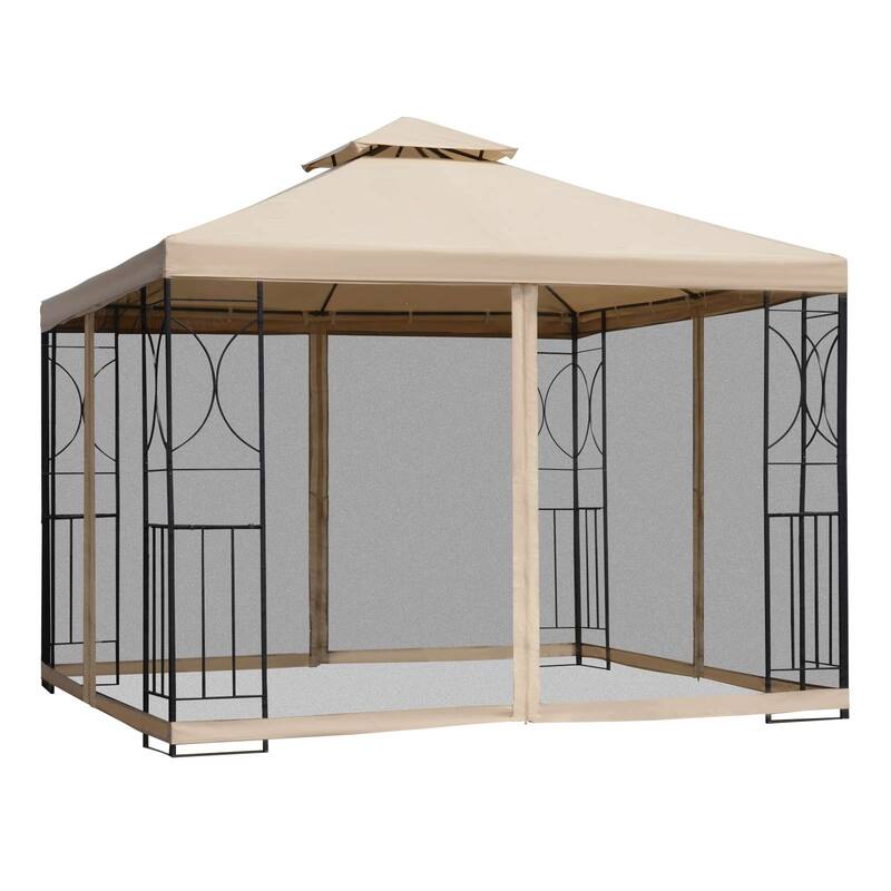 10' x 10' Outdoor Gazebo with Vented Roof, Corner Shelves, and Mesh Netting for Garden and Backyard - White