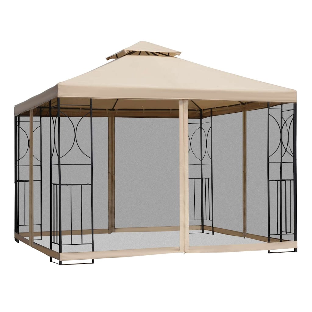 10' x 10' Outdoor Gazebo with Vented Roof, Corner Shelves, and Mesh Netting for Garden and Backyard