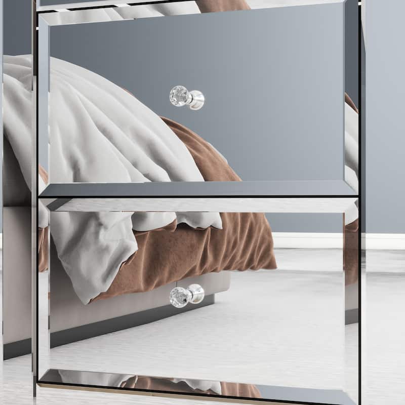 Nightstand Mirror Glass Top with Wireless Charging Station LED Light