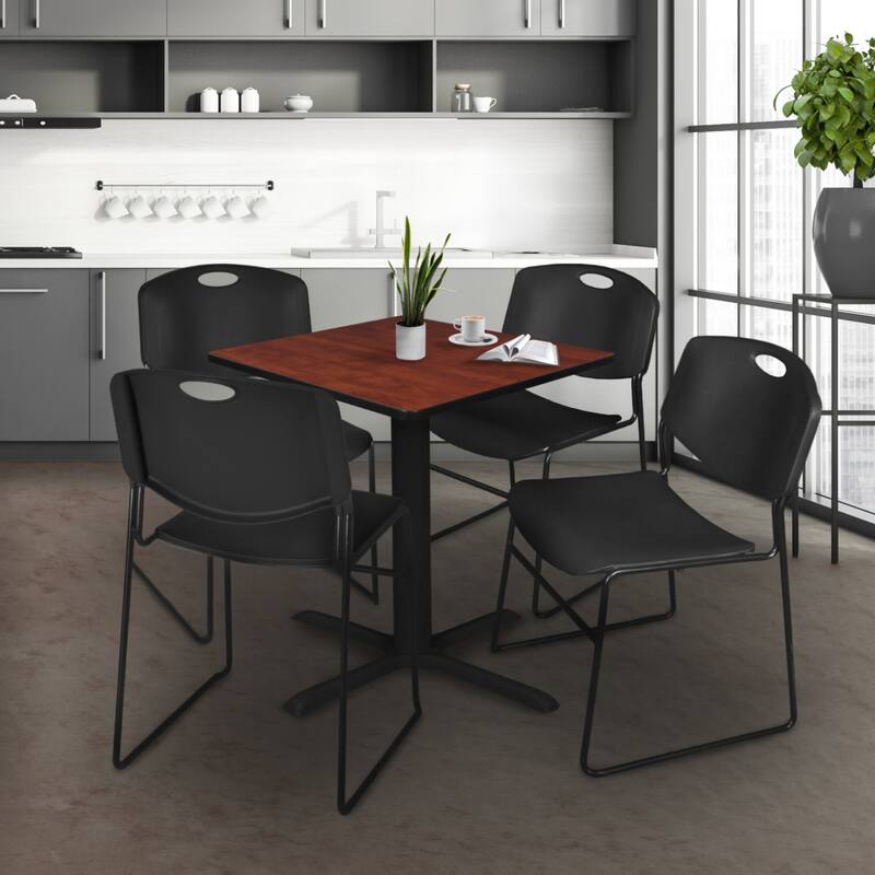 30" Square Breakroom Table- Cherry & 4 Stack Chairs- Black - Black, Cherry - 30