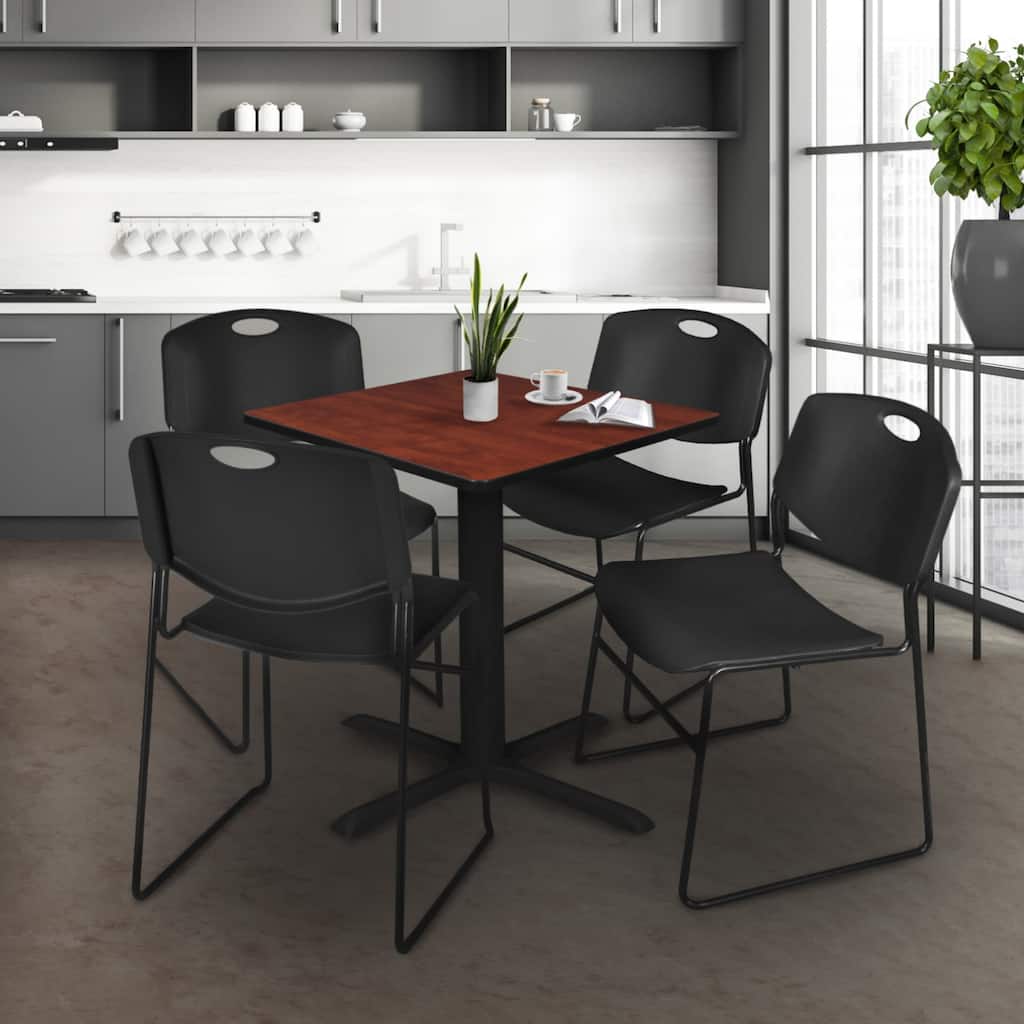 30" Square Breakroom Table- Cherry & 4 Stack Chairs- Black - Black, Cherry - 30