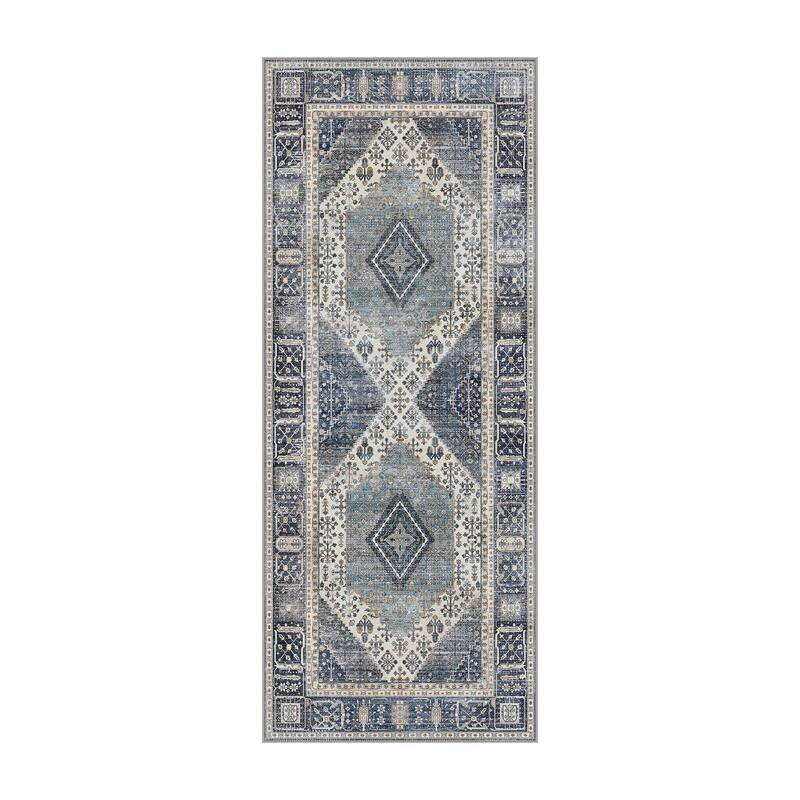 Mcow Faded Floral Vintage Low-Pile Machine Washable Non-Slip Area Rug