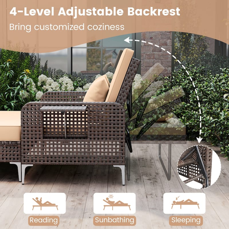 2 Piece Mix Brown Rattan Outdoor Daybed Loveseat and Ottoman Set with Adjustable Backrest - 50” x 48” x 35”