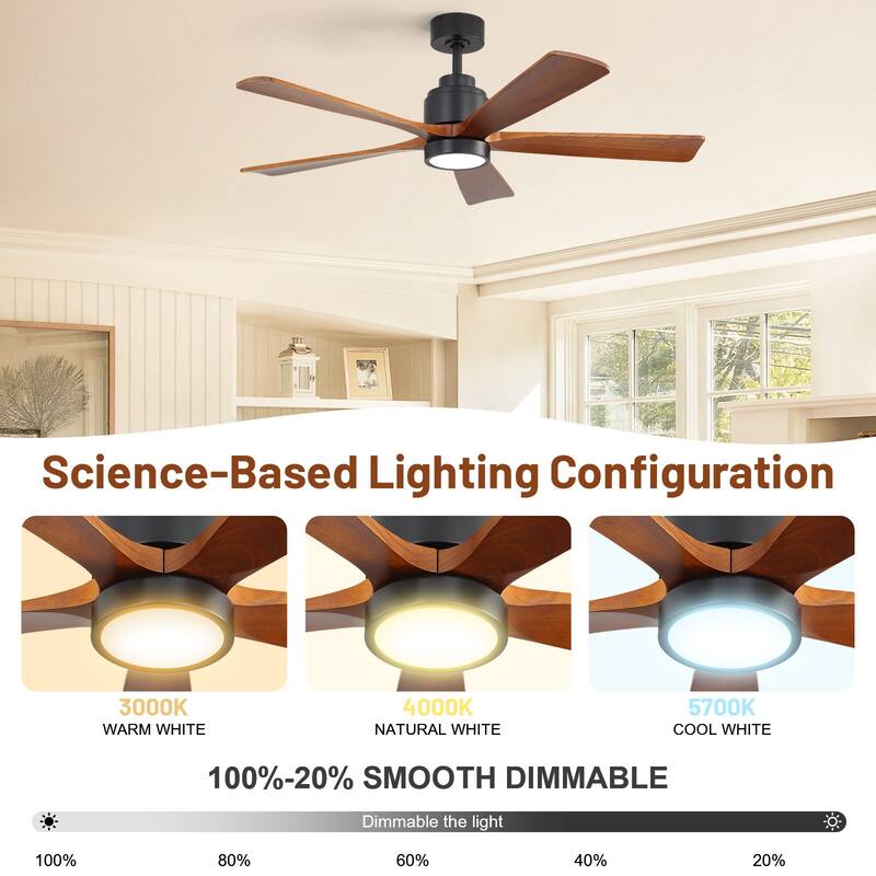 52" Solid Wood Noiseless Ceiling Fans with Dimmable LED Light Optional and Remote, 6-Speed Reversible DC Motor,Smart Optional