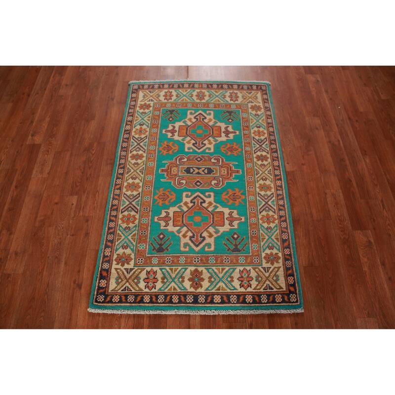 Turquoise Green Kazak Foyer Rug Hand-Knotted Geometric Wool Carpet - 2'7"x 4'0"