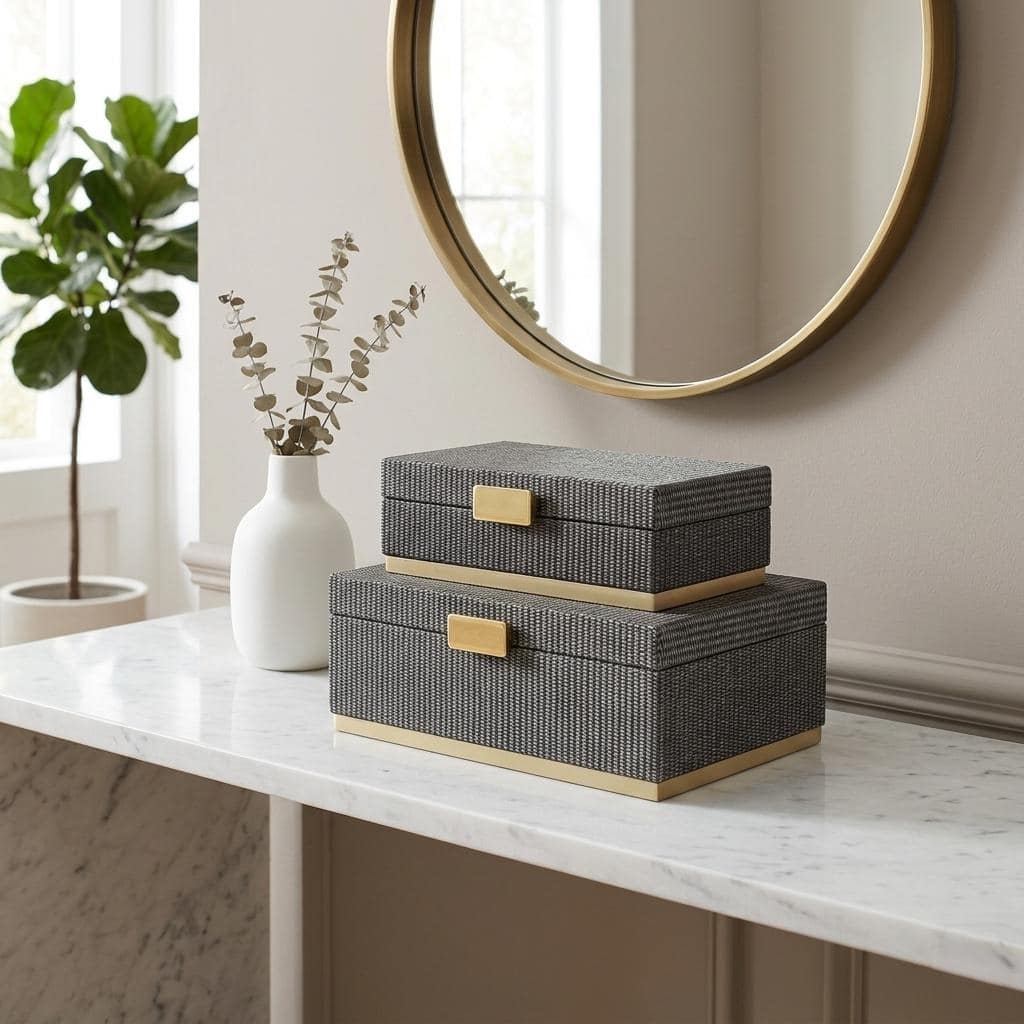 Strandiva Gray Woven Themed Rectangle Box Set With Gold Metal Base
