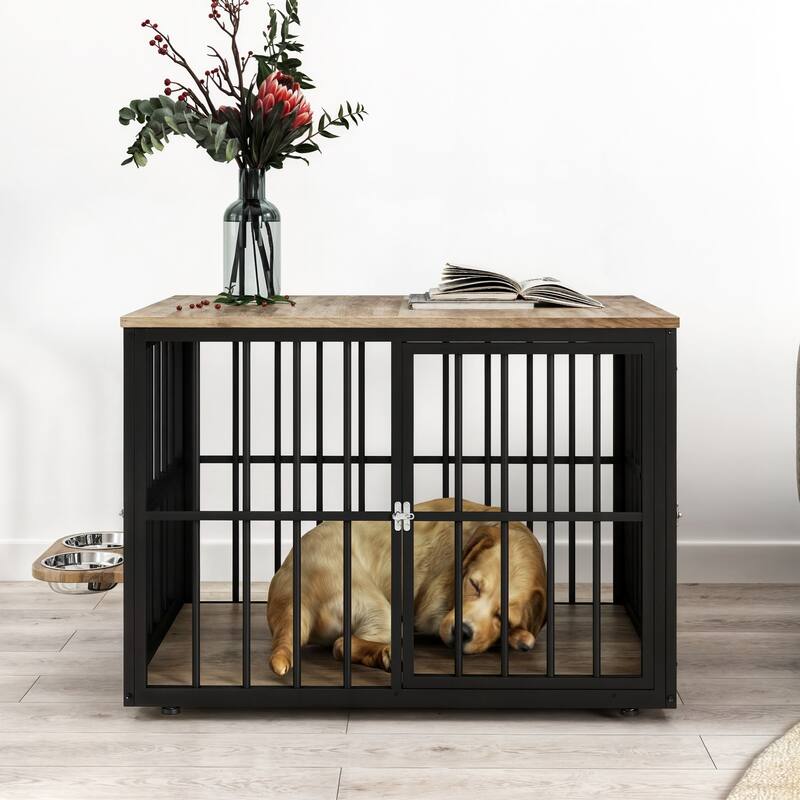 Double Dog Crate Furniture, TV Stand with Removable Divider and Feeding Bowls - 38.8"W 1PCS - Gray