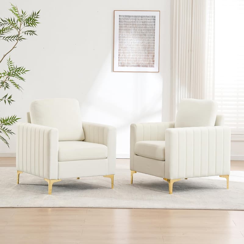 Modern Velvet Accent Chairs (Set of 2) for Living Room & Bedroom Comfy Reading Armchair with Gold Metal Legs - Ivory