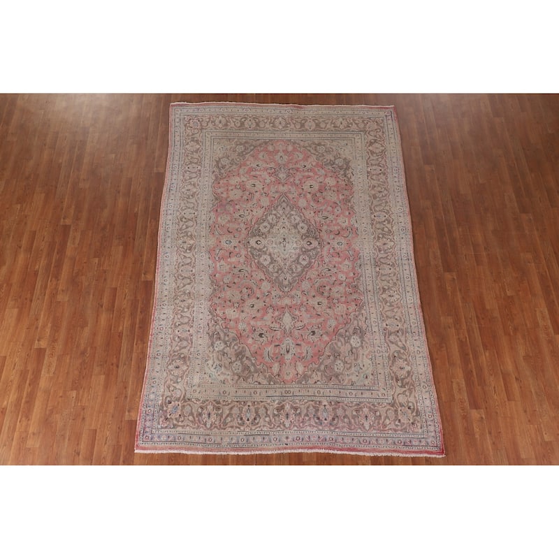Traditional Mashad Persian Vintage Area Rug Hand-Knotted Wool Carpet - 6'4"x 9'7"