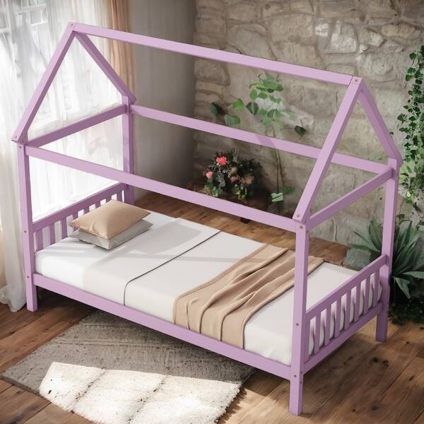 slide 2 of 13, Pink Rubber Wood House Bed,Twin Size Kids Bed Pink
