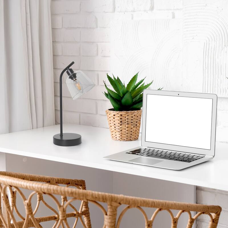 Angled Desk Lamp with Clear Ribbed Glass Shade - 15.75" - Black